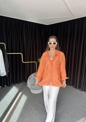 İpeksi Kumaş Turuncu  Omzu Düşük Gömlek