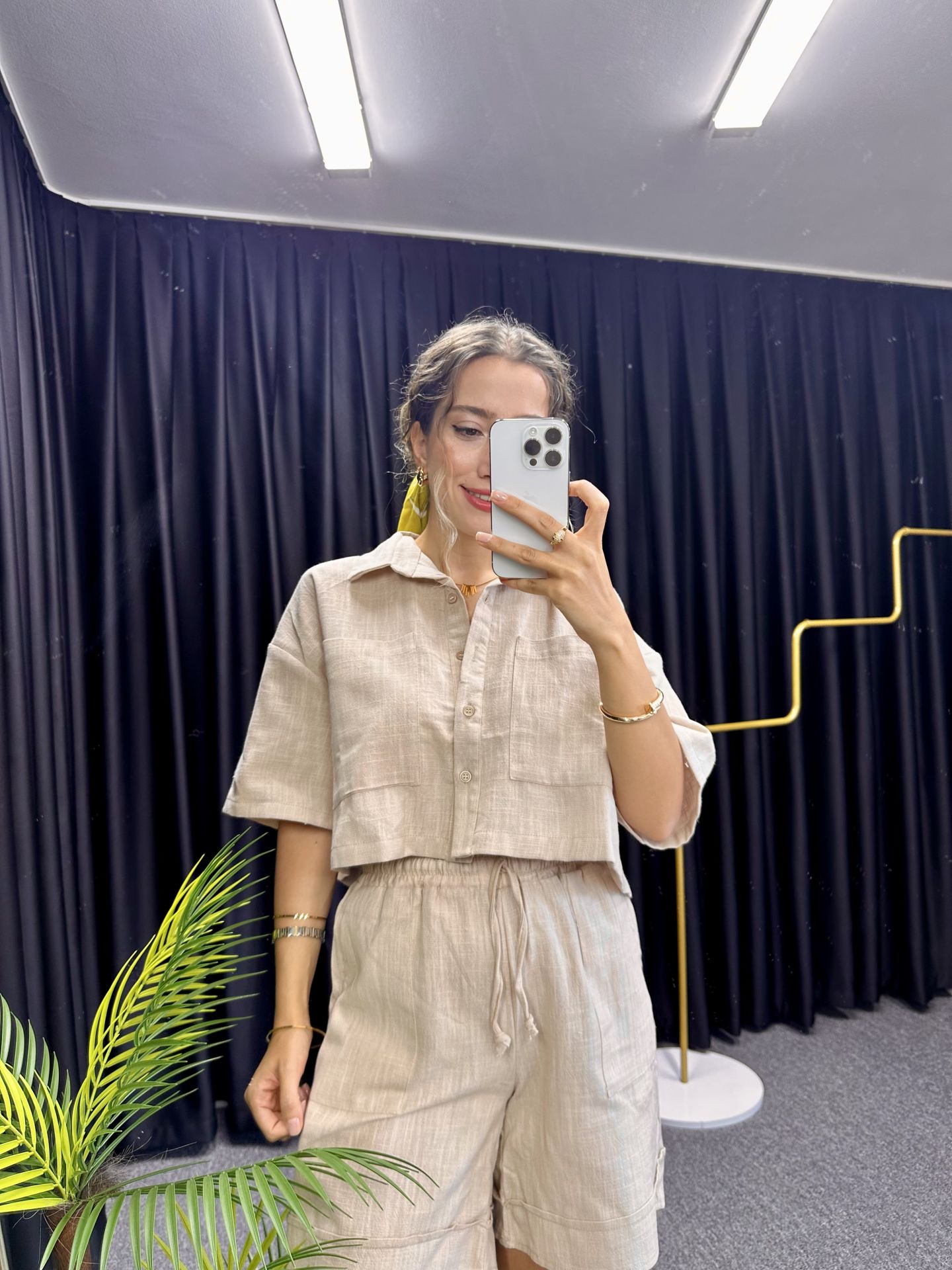 Krem Keten Şort Takım