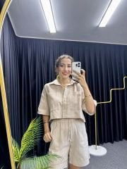 Krem Keten Şort Takım