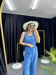 Sıfır Kol Bel Bağcıklı Mavi Tulum