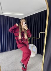 Bordo Triko Pantolon Hırka Takım