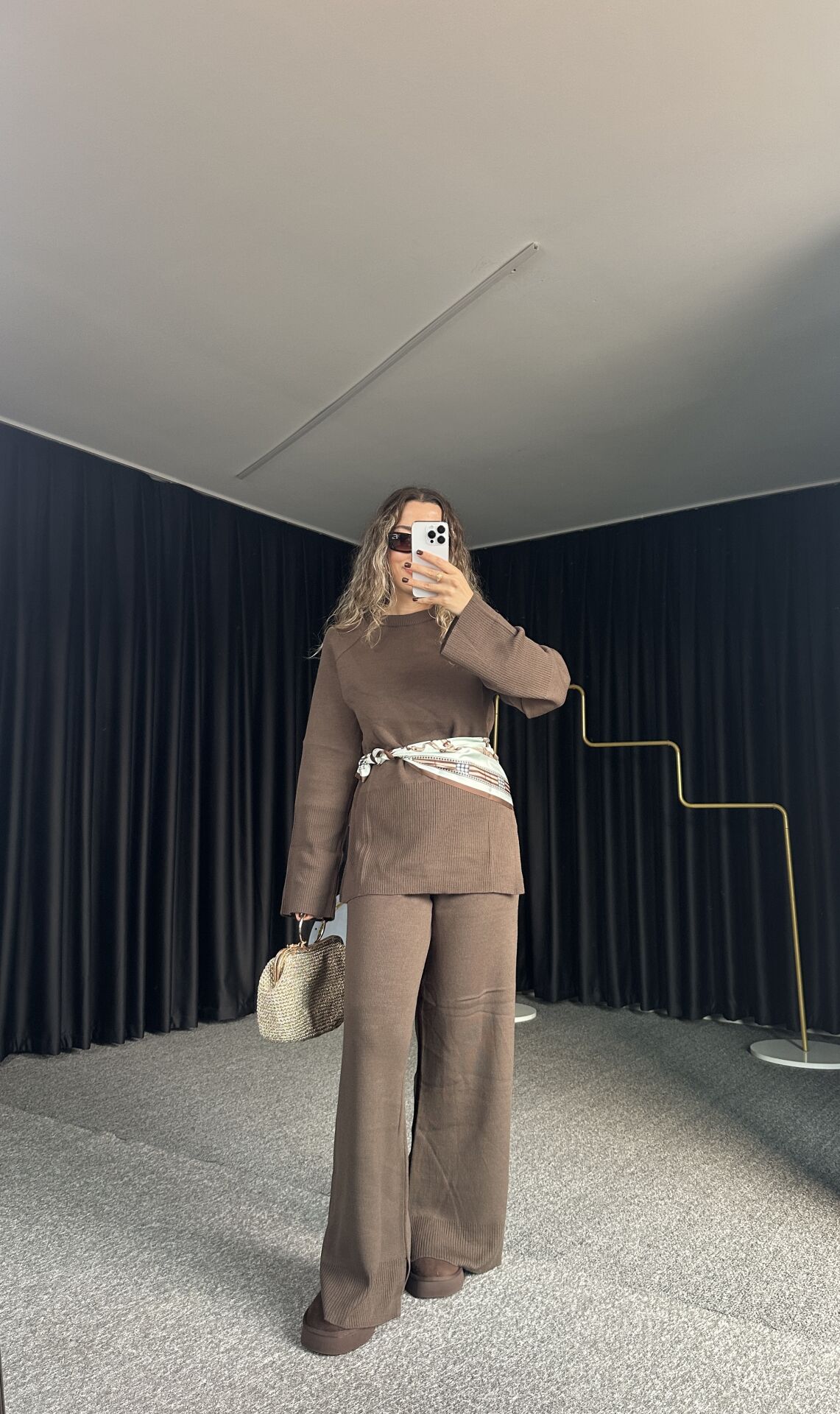 Kol ve Paça Detaylı Triko Takım Kahve