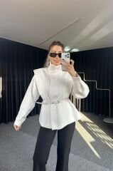 Apoletli Dik Yaka Tarz Gömlek Beyaz