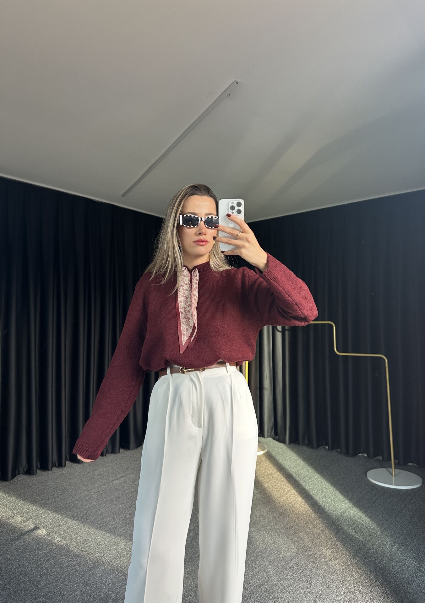 Kendinden Fularlı Bordo Kazak