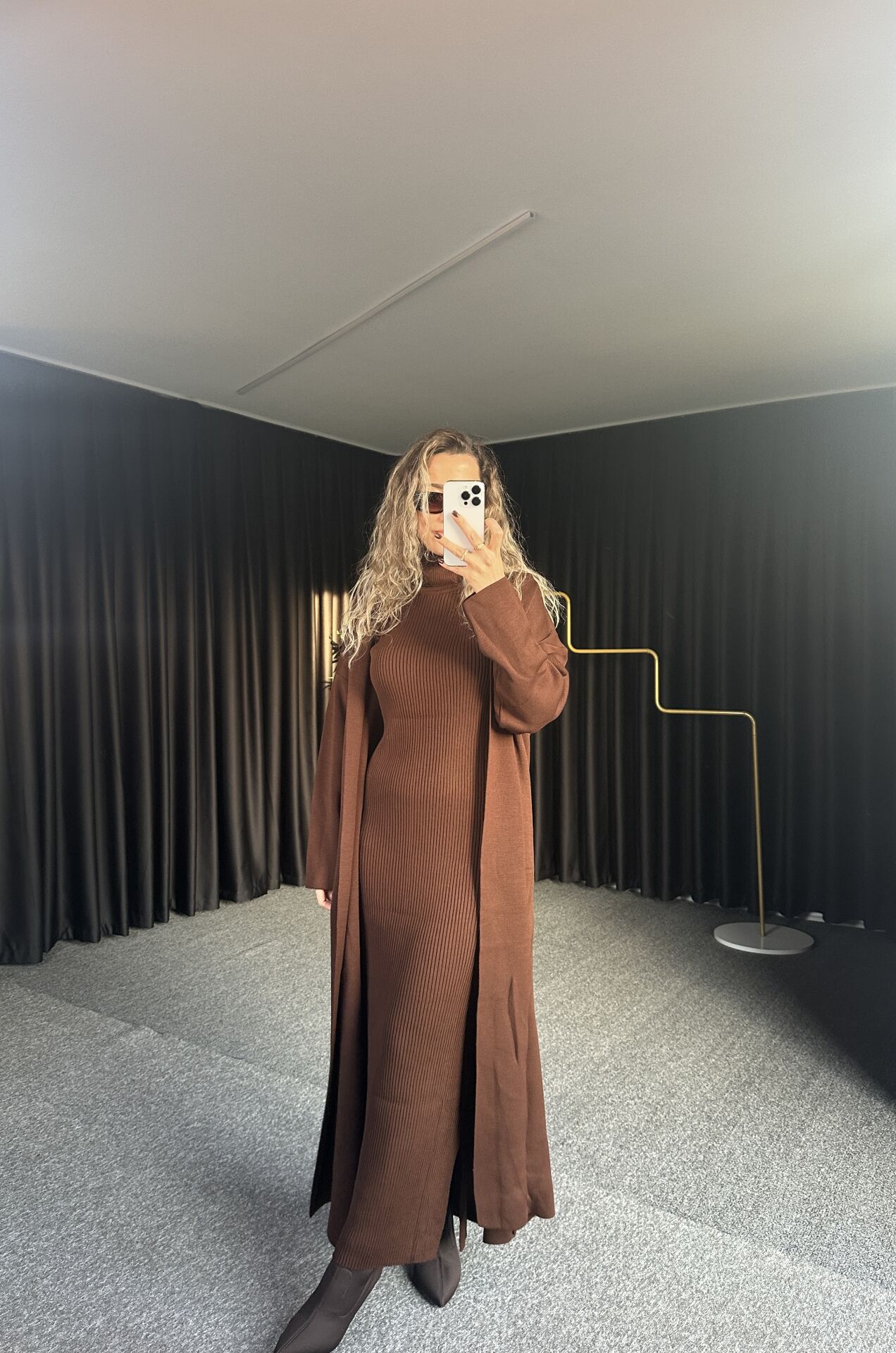 Kahverengi Maxi Boy Elbise Şal Yaka Hırka Takım