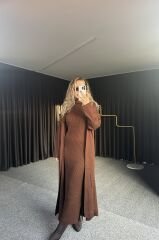 Kahverengi Maxi Boy Elbise Şal Yaka Hırka Takım