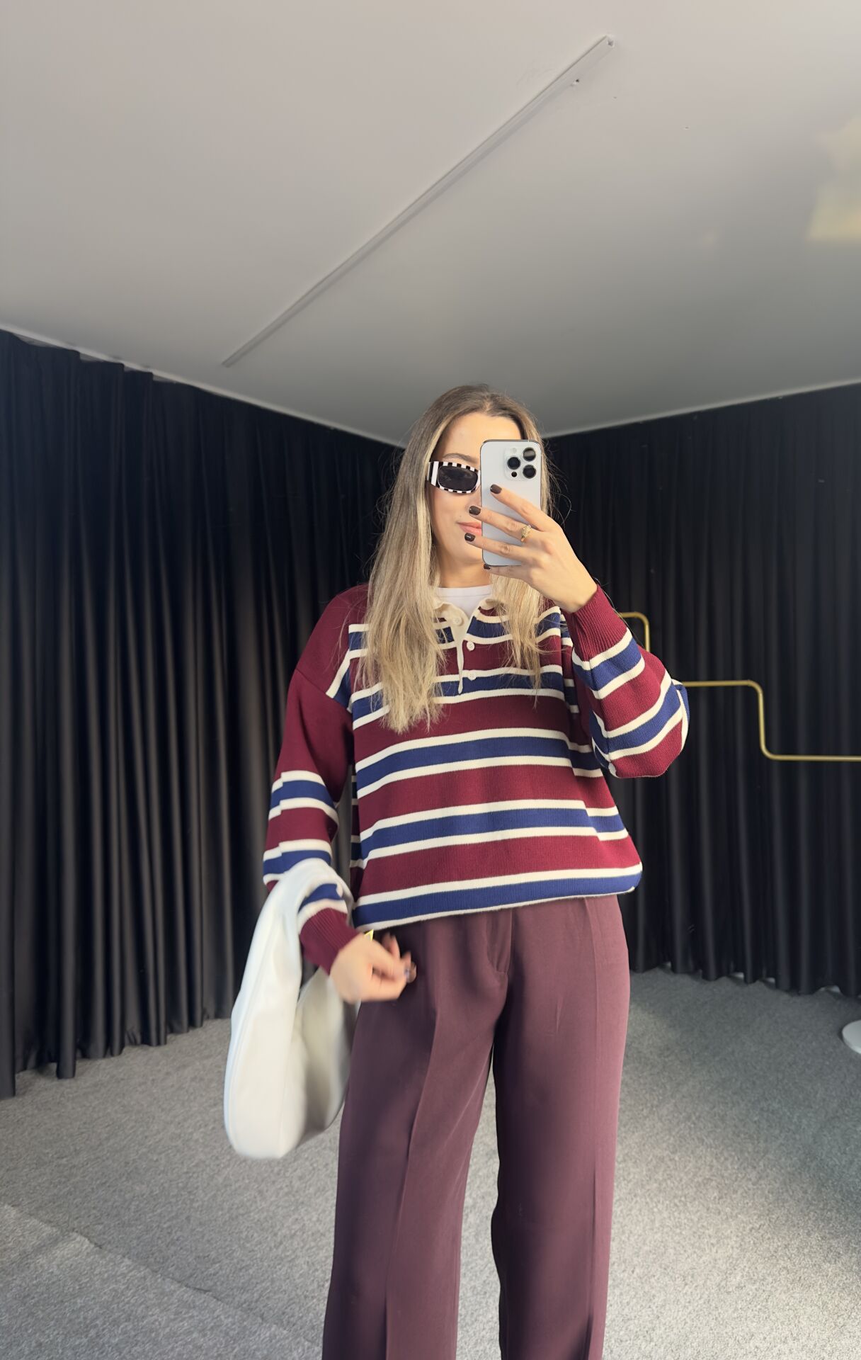 BORDO POLO YAKA ÇİZGİLİ KAZAK