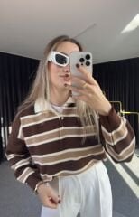 KAHVERENGİ POLO YAKA ÇİZGİLİ KAZAK