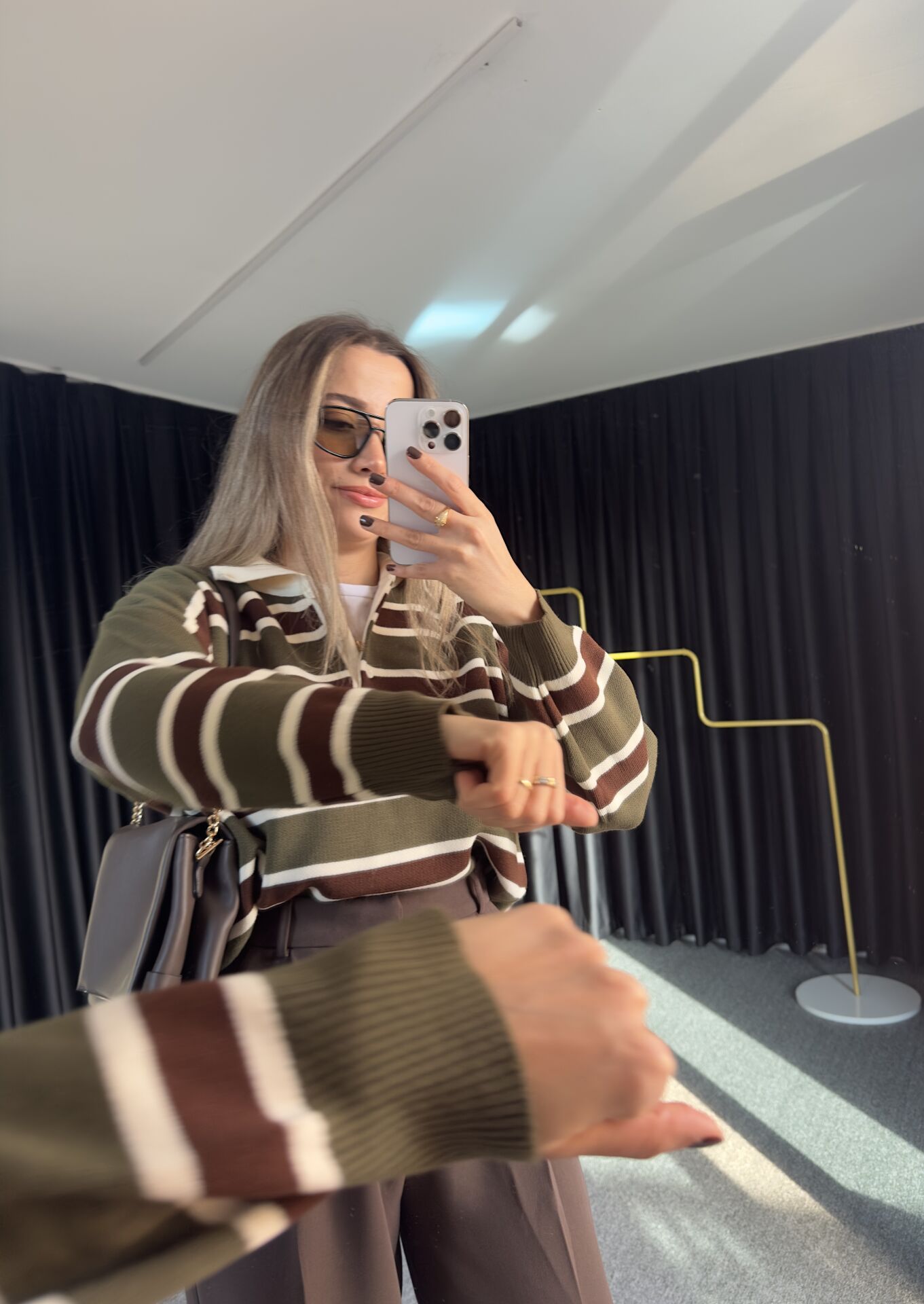 YEŞİL POLO YAKA ÇİZGİLİ KAZAK