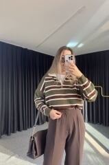 YEŞİL POLO YAKA ÇİZGİLİ KAZAK